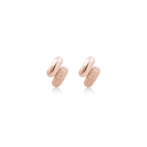 Fine jewellery, silver jewellery plated with rose gold, hypoallergenic, tarnish-free, close-up front view of a Pair of rose gold earrings embedded with crystals on a white background